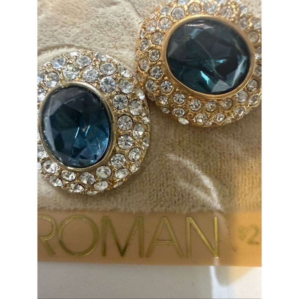 Vintage Roman Women's Gold-Tone Oval Sapphire Rhinestone Pierced Earrings NWT